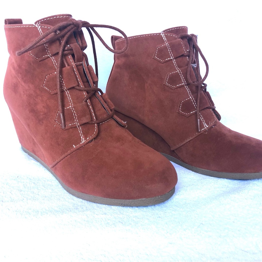 Qupid Whiskey Olee-30 Wedge Booties, Faux Suede